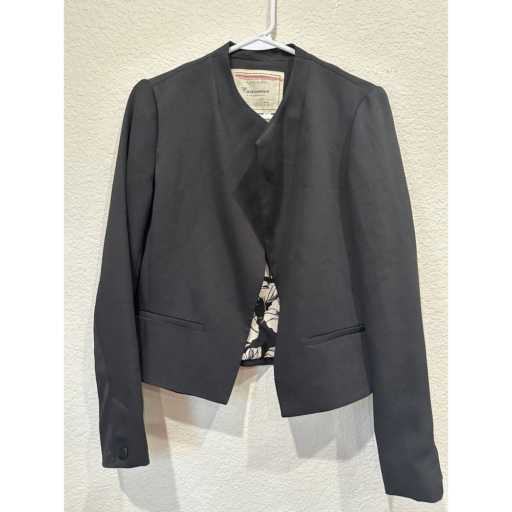 Cartonnier Anthropologie Black Cropped Blazer Floral Lining Open Front Size 0